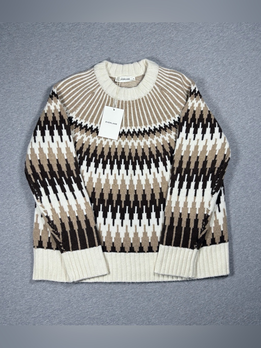 Everlane Merino Wool Fair Aisle Crewneck Sweater Women's Size M Cream Brown NWT